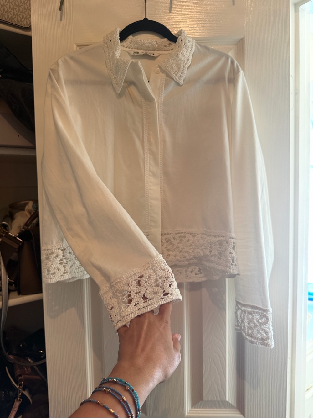 Zara White Lace-Trim Button-Down Shirt